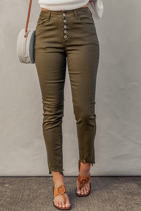 Plain High Waist Buttons Frayed Cropped Denim Jeans